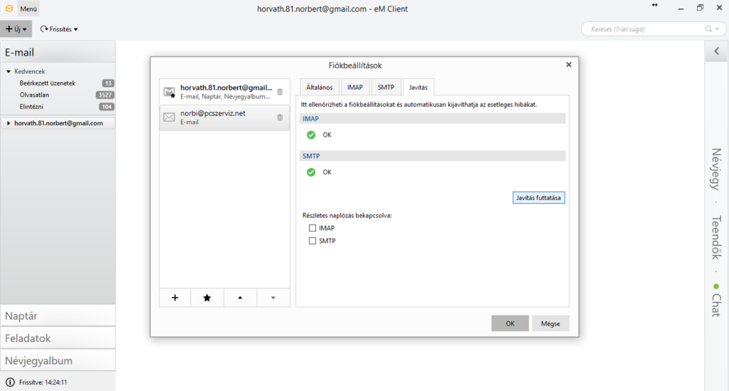 IMAP fiók beállítás az eM Client programban 27 EM client telepítése 26. kép